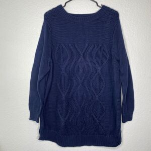 Lands End womens sweater 1X blue cable knit nautical pullover cotton chunky